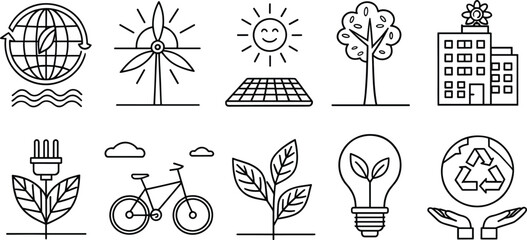 Eco Friendly Sustainability Line Art Icons Featuring Renewable Energy, Recycling, Green Buildings, and Nature Conservation for Environmental Design and Vector Illustration Projects on Adobe Stock