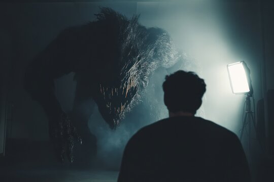 Nightmare Concept. Terrifying black monster looms behind man in dark room,