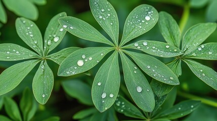 Close-up view of vibrant green leaves covered in morning dew drops.