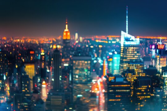 Blurry city skyline glowing with night lights