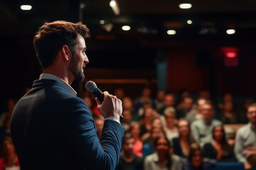 Confident man speaking into microphone to audience