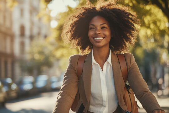 Confident young businesswoman cycles through European city street