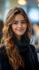 Obraz premium A smiling woman with long curly hair in a winter scarf outdoors in the city