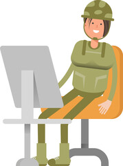 Woman Soldier Character Working on Desktop
