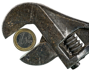 One Euro clamped firmly in a vice
