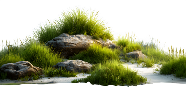 Naturalistic scene of grasses rocks and sand against a isolated on white transparent background PNG cutout