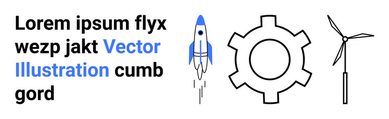 Rocket launch, mechanical gear, wind turbine alongside placeholder text. Ideal for innovation, engineering, technology, sustainability, science, renewable energy simple landing page