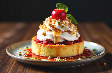 Ice cream and biscuit dessert with grillage topping and cherries on a dark elegant background