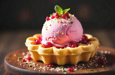 A scoop of pink strawberry ice cream in a soft waffle with cranberries
