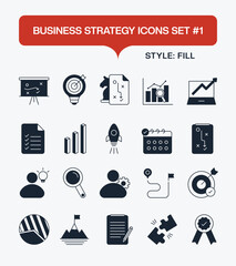 Business Strategy Icons Set – Filled Style Vector Symbols for Planning and Growth

