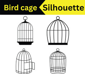 Four different bird cage silhouettes, two are black and two are line art