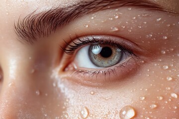 Hydrated Female Skin with Water Droplets on Plain Background