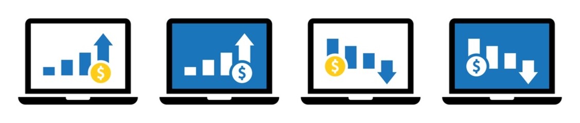 Laptop display finance graph set icon, vector illustration