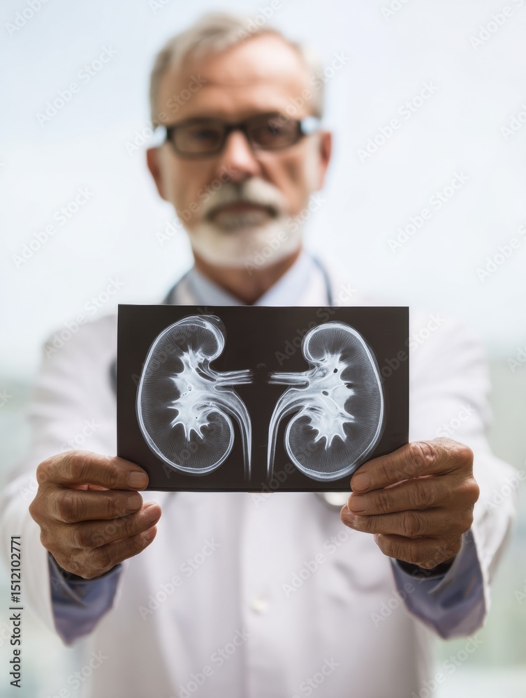 Aufkleber doctor presenting kidney x-ray results in clinical setting with bright background and focused expres