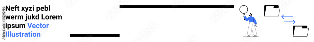 Poster person using magnifying glass exploring folder details files linked via blue arrow. ideal for data m