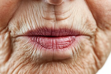 Fototapeta premium Close-Up of Elderly Woman Wrinkled Lips on White Background