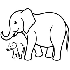 Elephant with baby line art vector illustration 