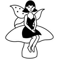 Fairy sitting on mushroom line art vector illustration 