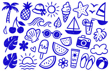 Cheerful summer doodles evoke a joyful, carefree beach vacation vibe and sunny days with tropical elements