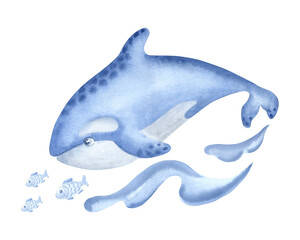 Killer whale with fishes and waves cute sea character watercolor illustration. Undersea wild animal orca isolated. Hand drawn underwater inhabitants of arctic ocean. Marine mammal for baby designs.