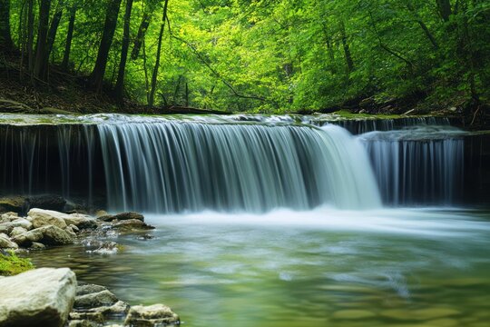 Forest waterfall with clear water and lush greenery
