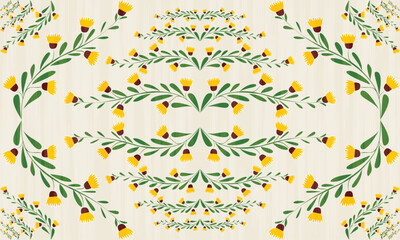 The fabric patterns seamless vector pattern, beautifully arranged floral, cream background, brown and yellow flowers, leaf
