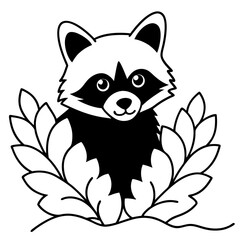 Racoon peeking from bush line art vector illustration 