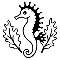 Seahorse in coral scene line art vector illustration 