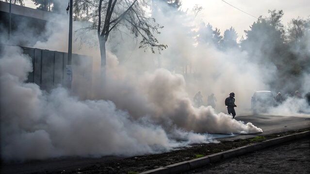 Riot Police in Action with Tear Gas during Civil Unrest