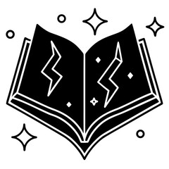 Spell book with glowing runes line art vector illustration 