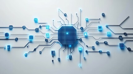 Complex digital circuit with glowing icons.