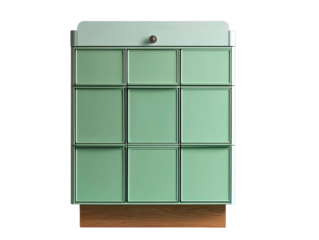 A mint green, modular chest of drawers, with light wood base and a single, light colored handle