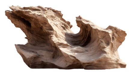 Sculpted rock shaped by centuries of wind erosion, with smooth curves and sharp ridges, isolated on transparent background