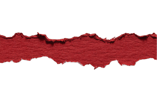 A horizontal strip of crimson-red paper, ripped and unevenly torn along its edges, against a black background - Powered by Adobe