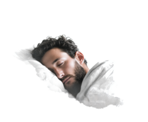 Peaceful man sleeping with white bedding in serene setting, cut out transparent