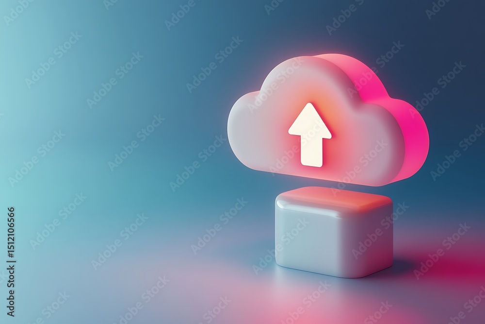 Poster 3d data cloud upload icon in smooth vector art style, soft lighting and futuristic digital environme