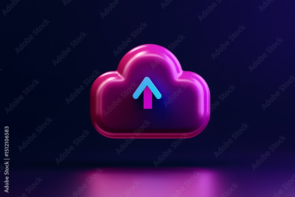 Poster 3d data cloud upload icon in smooth vector art style, soft lighting and futuristic digital environme
