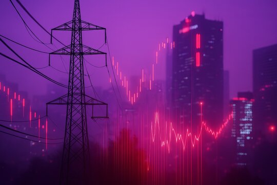 Night Cityscape Power Lines Energy Stock Market Graph Pink Purple Urban Electricity Transmission Tower Financial Investment  Digital Art Neon Lights Modern Cityscape Background Illustration data trend
