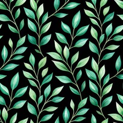 Seamless watercolor pattern with hand painted botanical leaves Botanical pattern featuring green leaves on a black background.