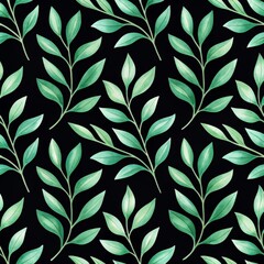 Fototapeta premium Seamless watercolor pattern with hand painted botanical leaves Pattern of green leaves on a black background, creating a fresh, modern design.