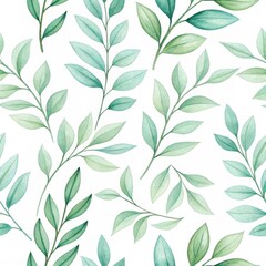 Fototapeta premium Seamless watercolor pattern with hand painted botanical leaves Delicate green leaves create a soft, artistic pattern on a white background.