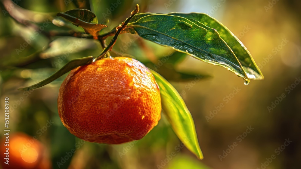 Poster a vibrant close up of a ripe tangerine fruit with wet leaves on a branch in a lush natural environme