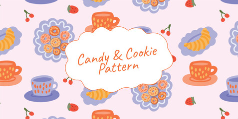 Seamless pattern with cookies, candies, croissant, cherry, strawberry, tea cups on pastel background. Sweet picnic dessert texture. Flat colorful vector illustration.