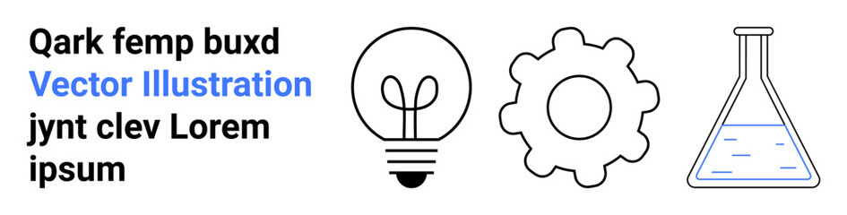 Light bulb symbolizing ideas, gear for mechanics, and flask representing science and experimentation. Ideal for creativity, engineering, research, education, invention, brainstorming and a simple