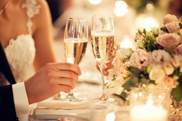 Bride and groom toast champagne at wedding
