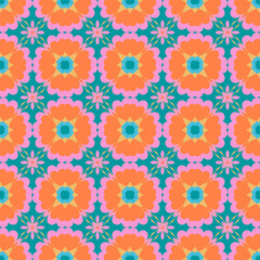 Geometric Floral Seamless Pattern  in Coral, Pink, and Turquoise Tones