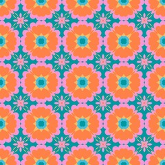 Geometric Floral Seamless Pattern  in Coral, Pink, and Turquoise Tones