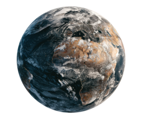 Global view of Earth showcasing continents and oceans, cut out transparent