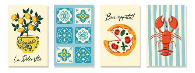 Summer Italy. Set of posters with lemons, lobster, pizza and ceramic tiles. Mediterranean food, culture, and travel themed graphic. Vector illustrations.  © Loya.art
