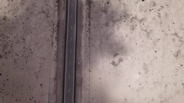 An empty stretch of desert highway in west Texas near Big Bend, aerial view
